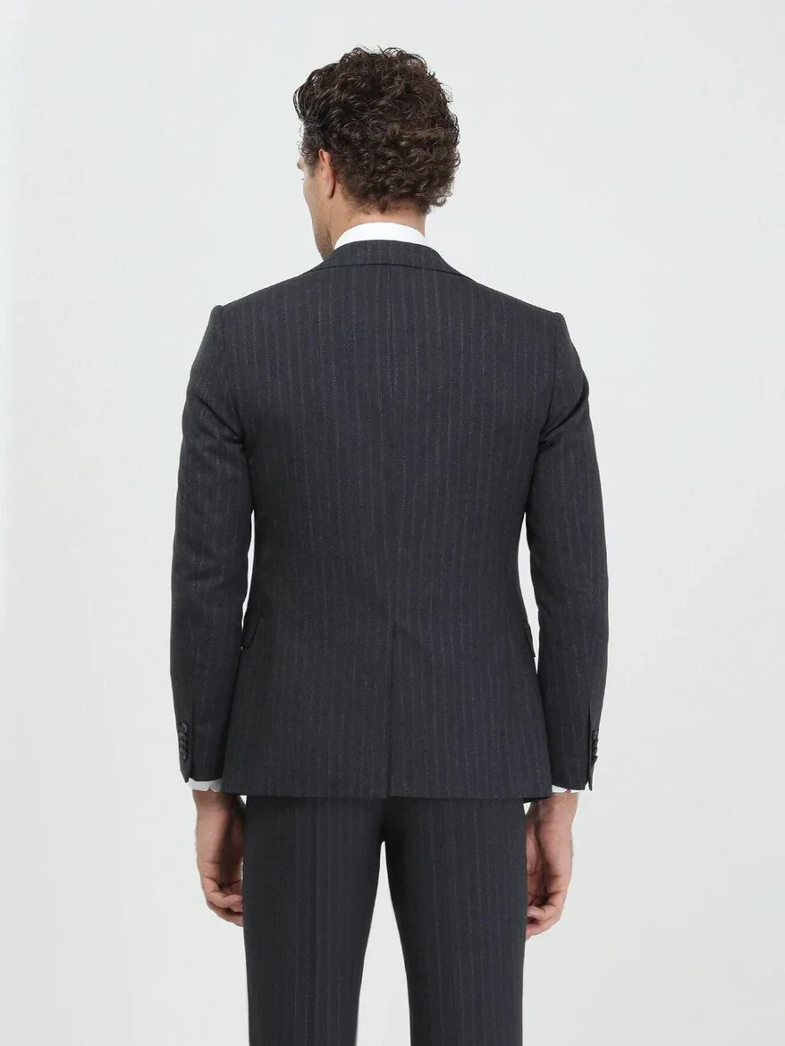 Antrasit Çizgili Modern Fit Takım Elbise - 5