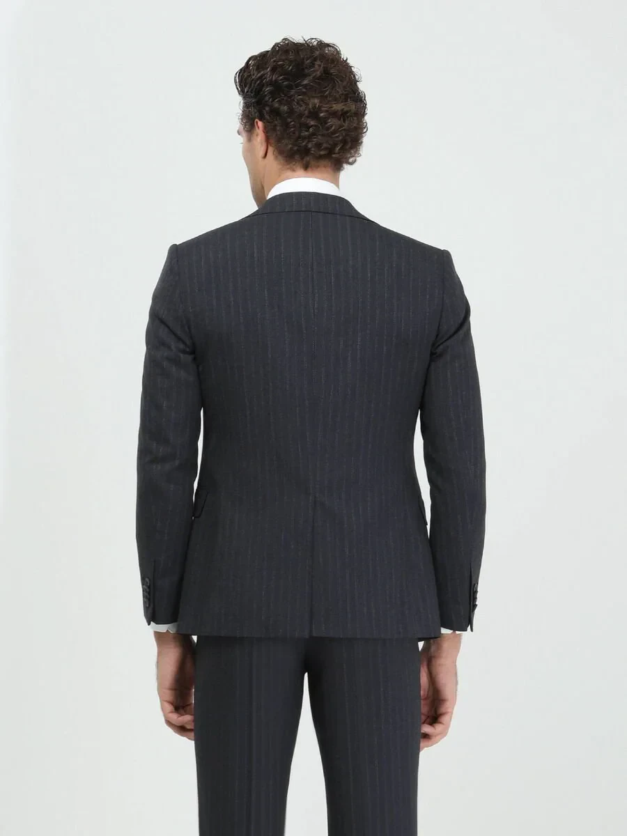 Antrasit Çizgili Modern Fit Takım Elbise - 5
