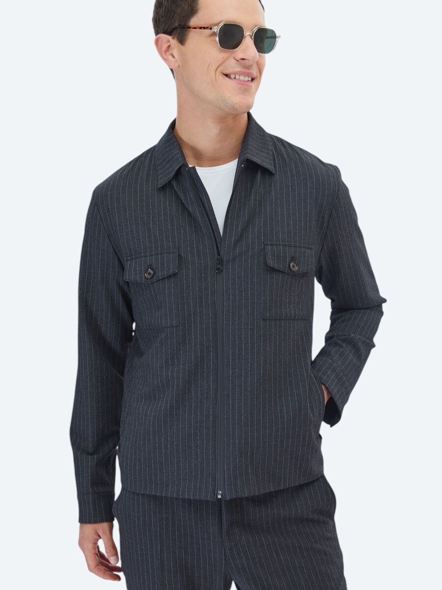 Antrasit Çizgili Modern Fit Takım Elbise - 6