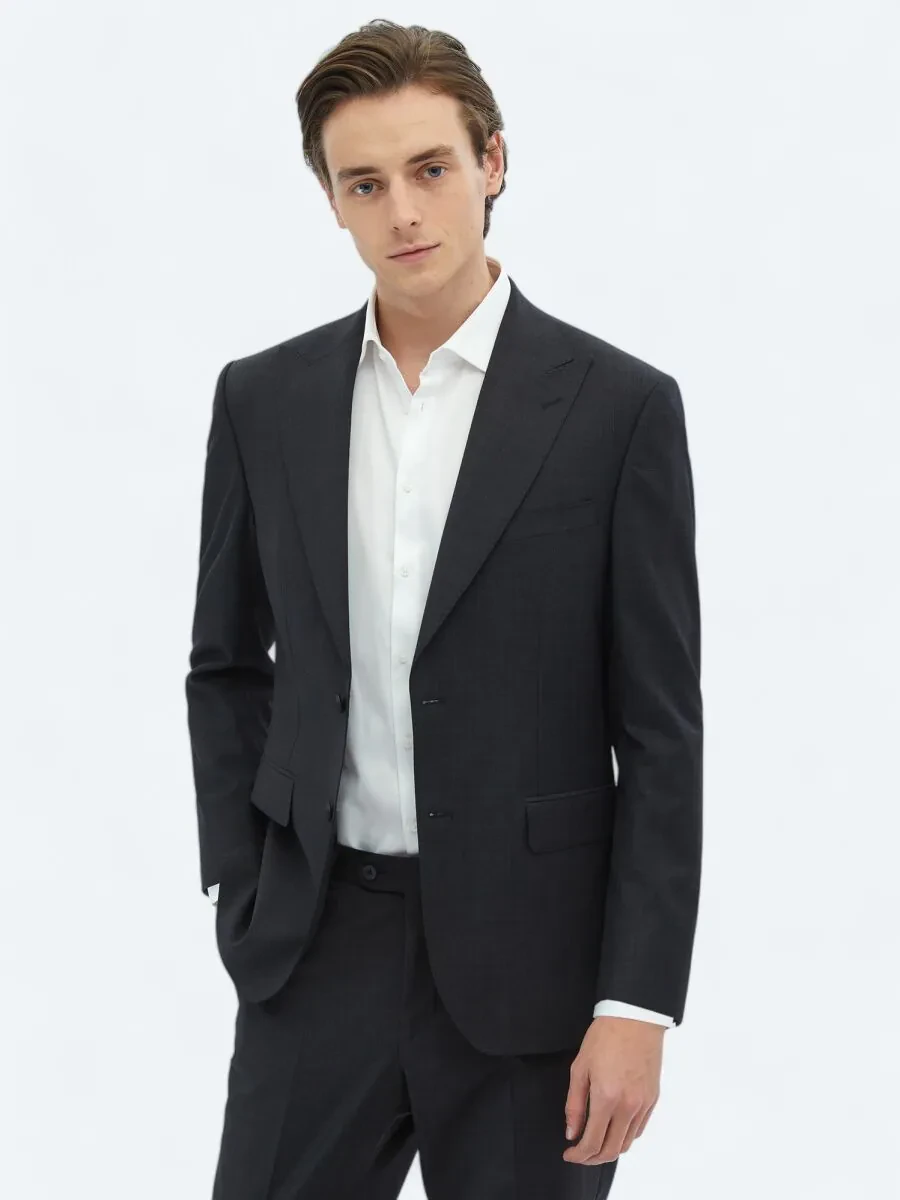 Antrasit Çizgili Modern Fit Yün Karışımlı Takım Elbise - 1
