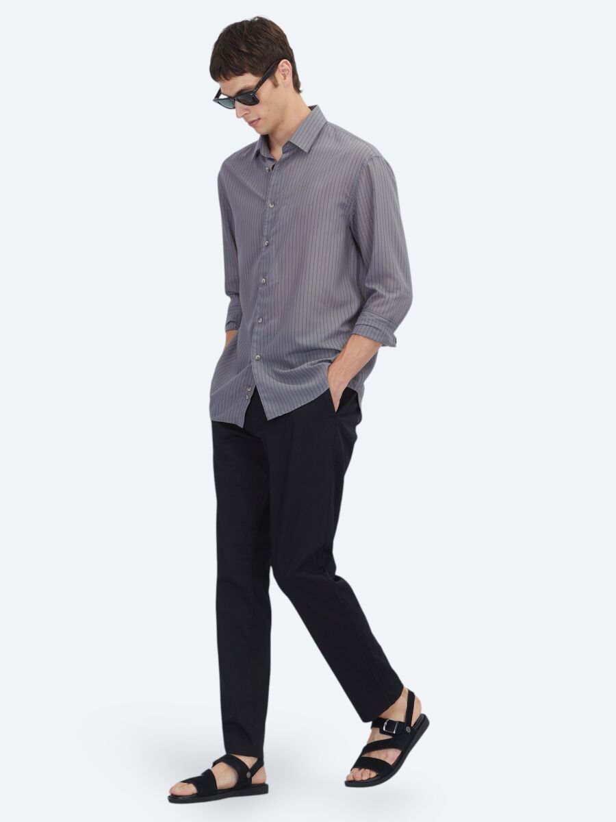 Antrasit Çizgili Oversize Fit Uzun Dokuma Casual Gömlek - 2