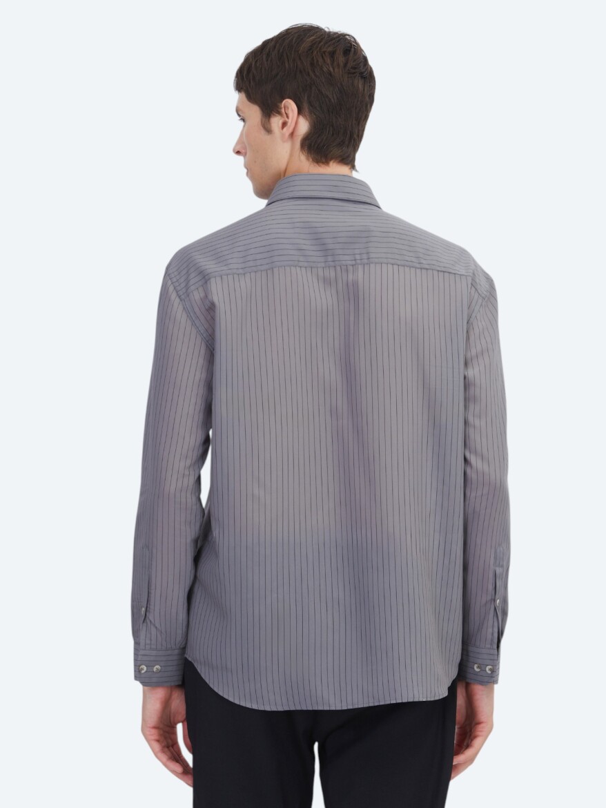 Antrasit Çizgili Oversize Fit Uzun Dokuma Casual Gömlek - 5