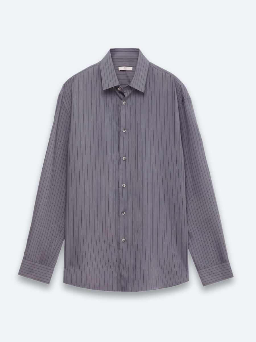 Antrasit Çizgili Oversize Fit Uzun Dokuma Casual Gömlek - 6