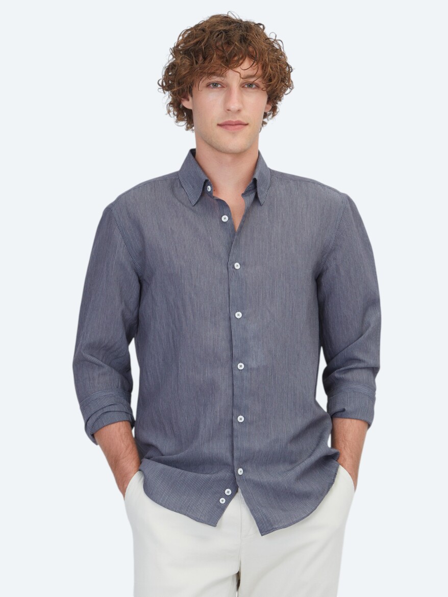 Antrasit Çizgili Regular Fit Dokuma Casual Gömlek - KİP