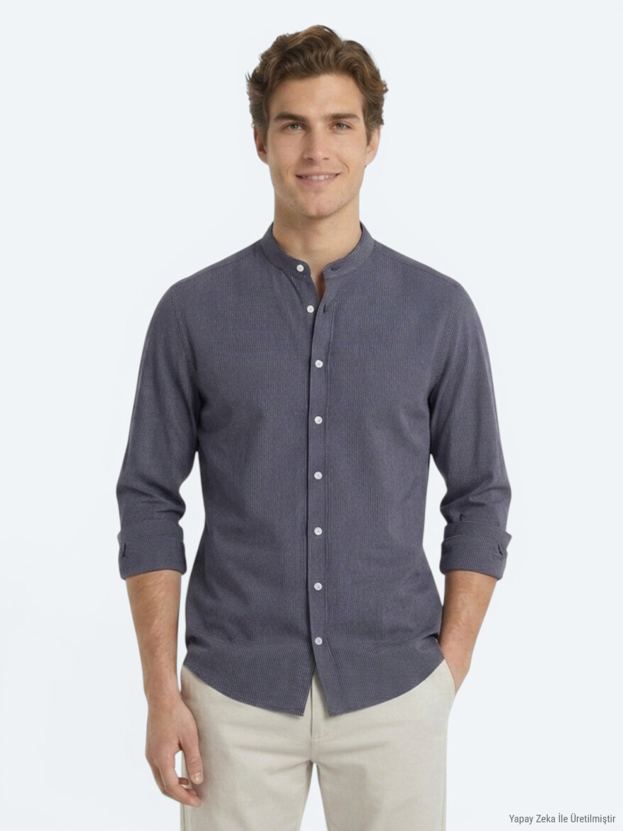 Antrasit Çizgili Regular Fit Uzun Dokuma Casual Gömlek 