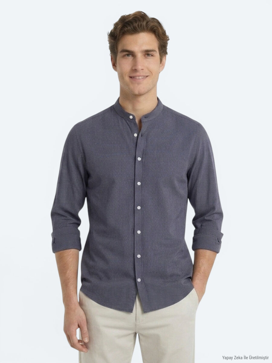 Antrasit Çizgili Regular Fit Uzun Dokuma Casual Gömlek - 1