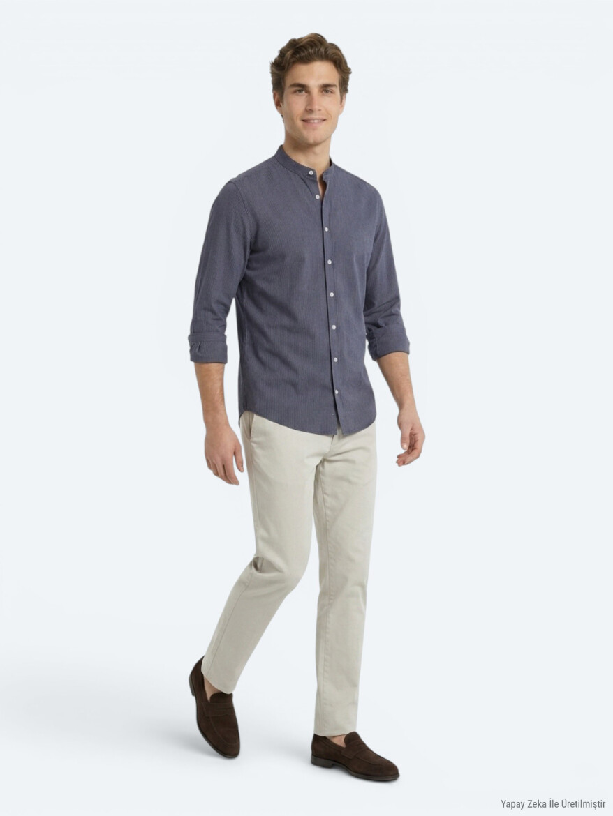 Antrasit Çizgili Regular Fit Uzun Dokuma Casual Gömlek - 2