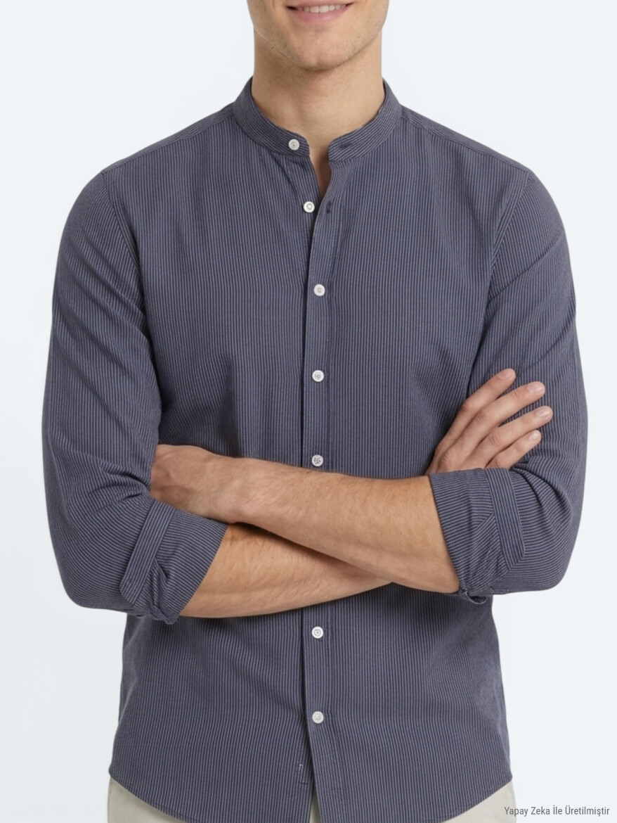 Antrasit Çizgili Regular Fit Uzun Dokuma Casual Gömlek - 3