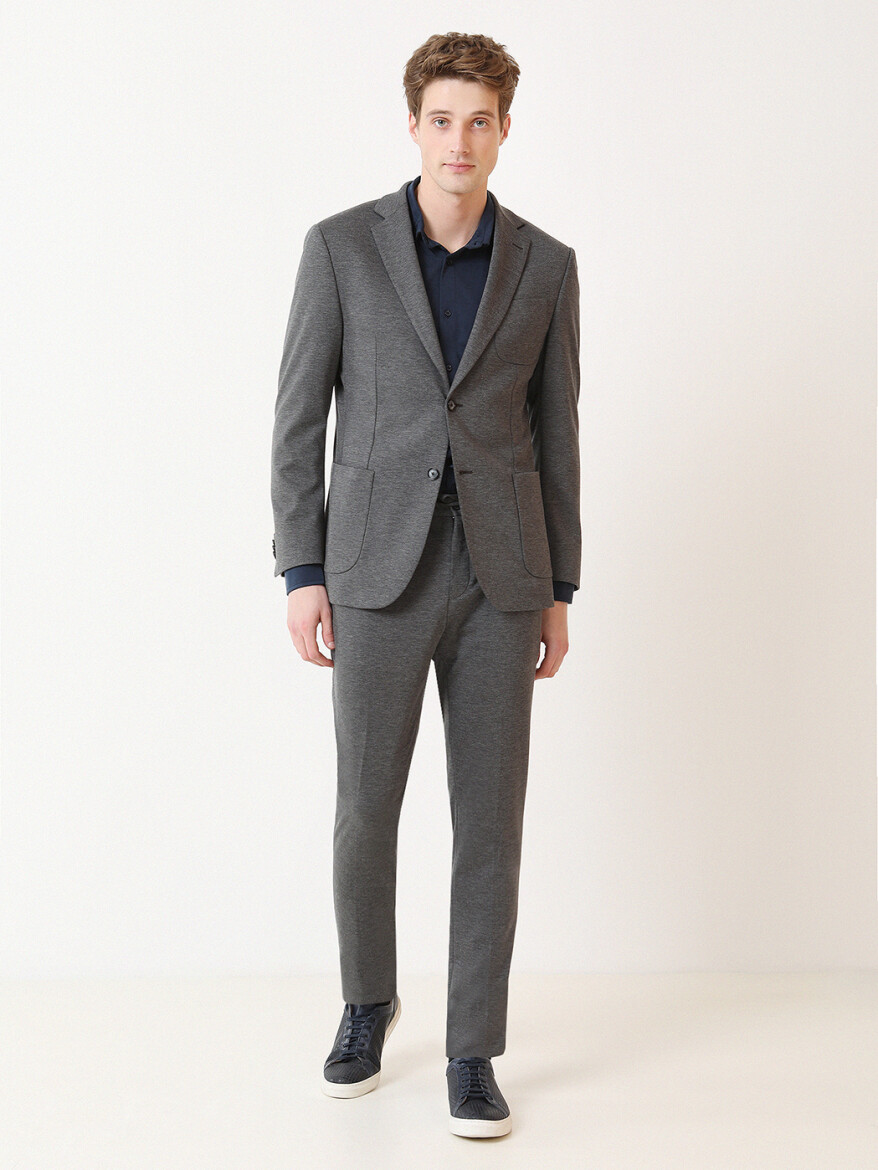 Antrasit Desenli Modern Fit Örme Takım Elbise - KİP