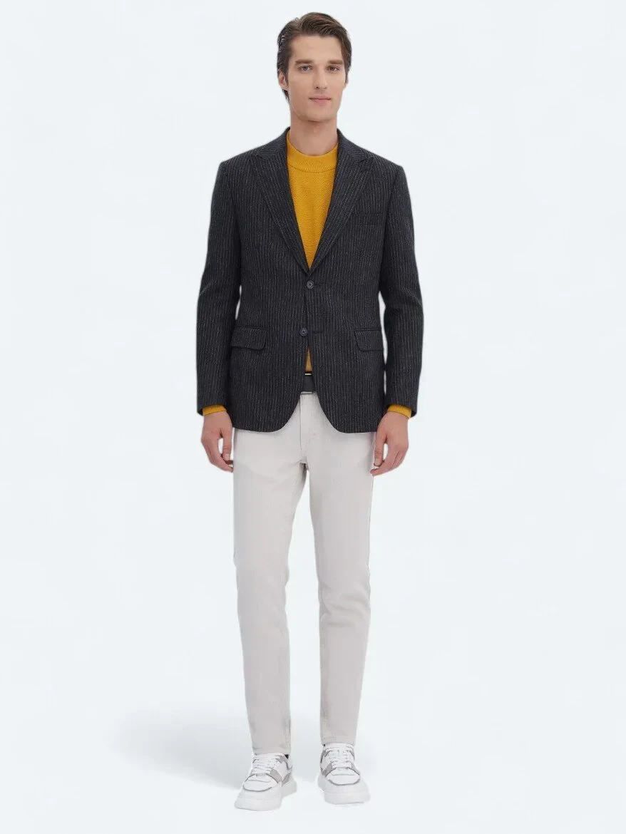 Antrasit Desenli Modern Fit Yün Karışımlı Ceket - 2