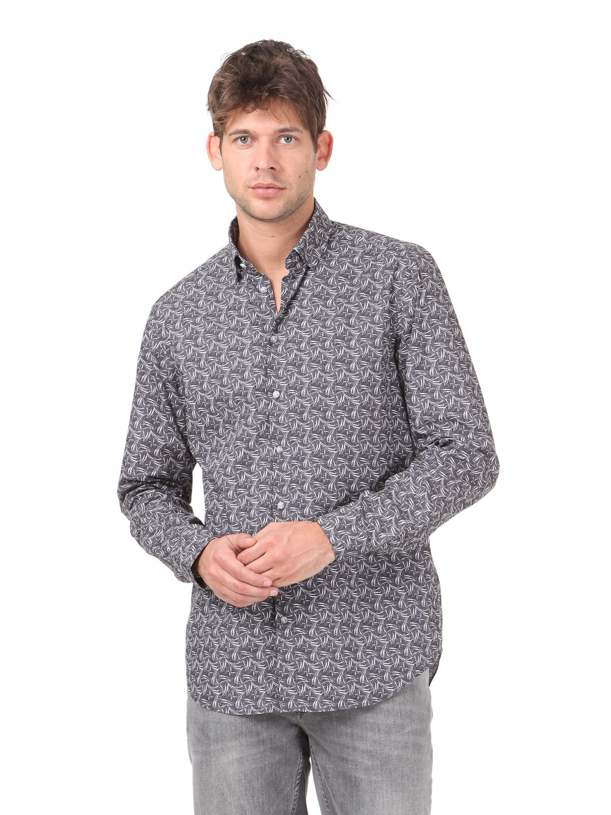 Antrasit Desenli Regular Fit Uzun Dokuma Casual %100 Pamuk Gömlek - 1