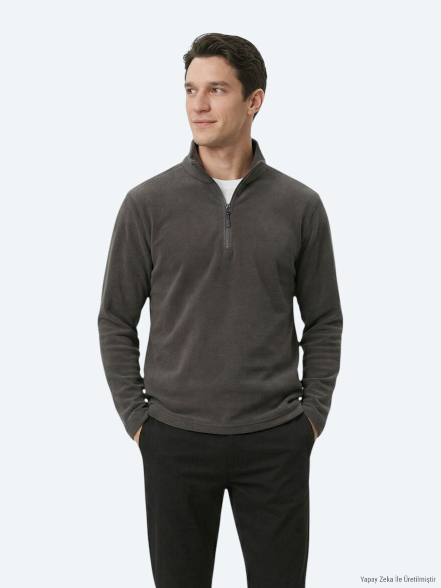 Antrasit Dik Yaka Düz Polar Sweatshırt - 3