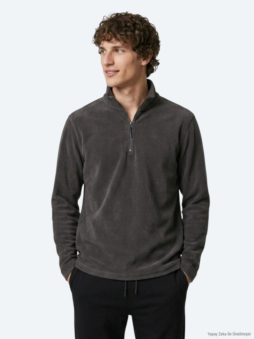 Antrasit Dik Yaka Düz Polar Sweatshırt - KİP