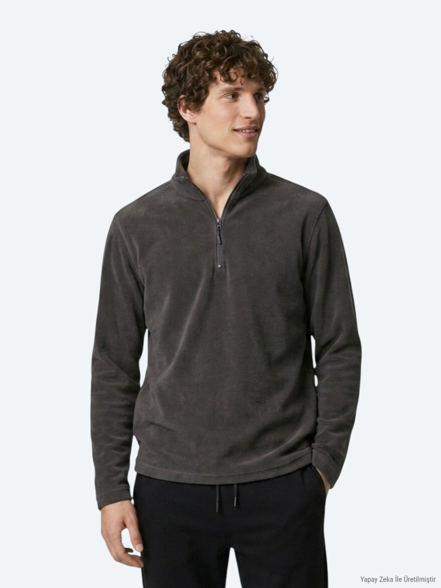 Antrasit Dik Yaka Düz Polar Sweatshırt - KİP