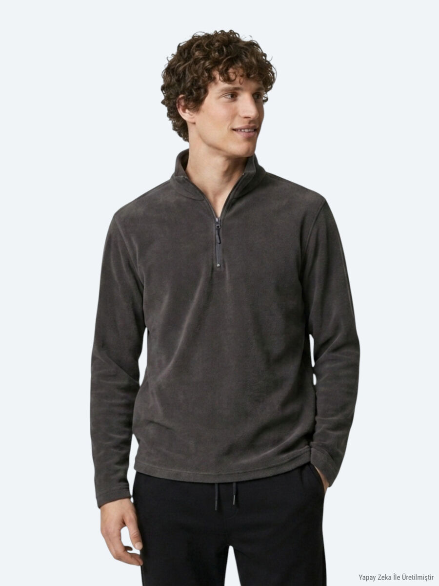 Antrasit Dik Yaka Düz Polar Sweatshırt - 2