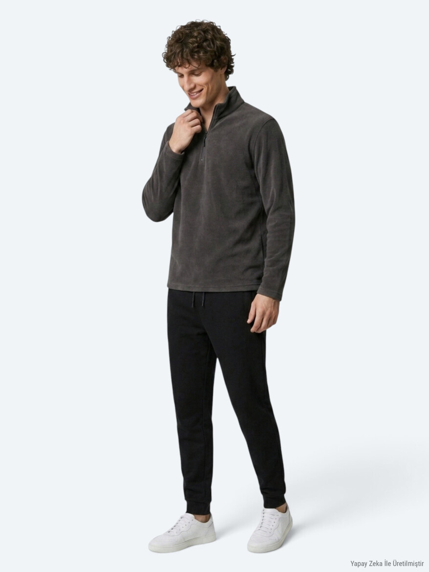 Antrasit Dik Yaka Düz Polar Sweatshırt - 3
