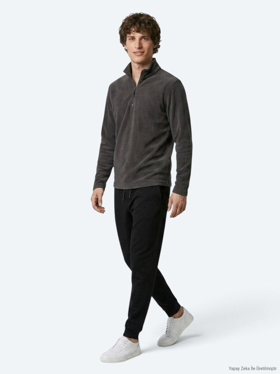 Antrasit Dik Yaka Düz Polar Sweatshırt - 4