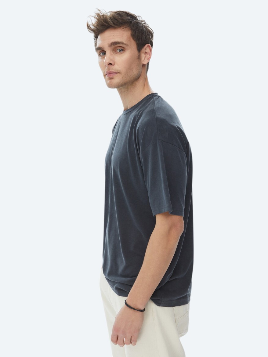 Antrasit Düz Bisiklet Yaka T-Shirt - 2