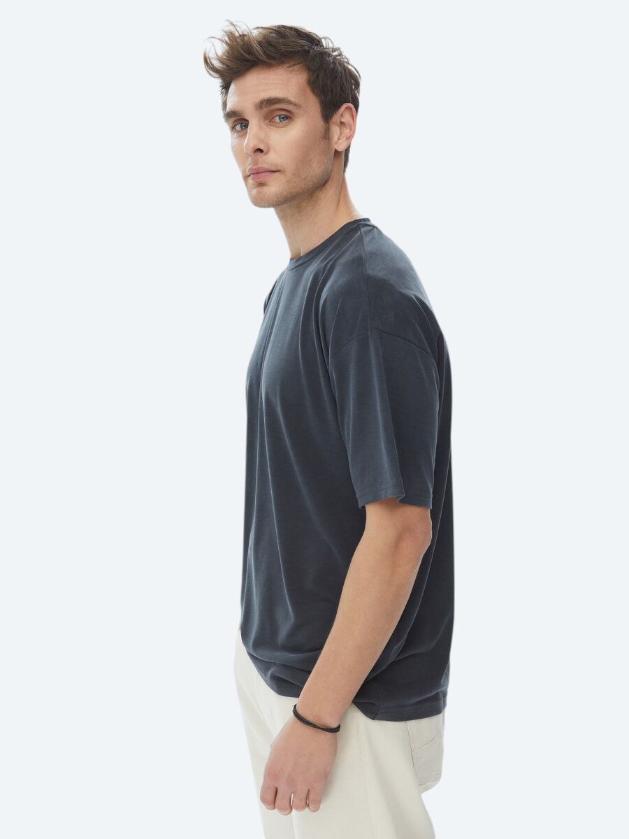 Antrasit Düz Bisiklet Yaka T-Shirt - 2