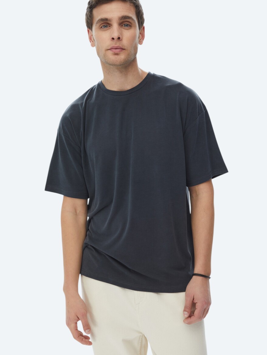 Antrasit Düz Bisiklet Yaka T-Shirt - 4
