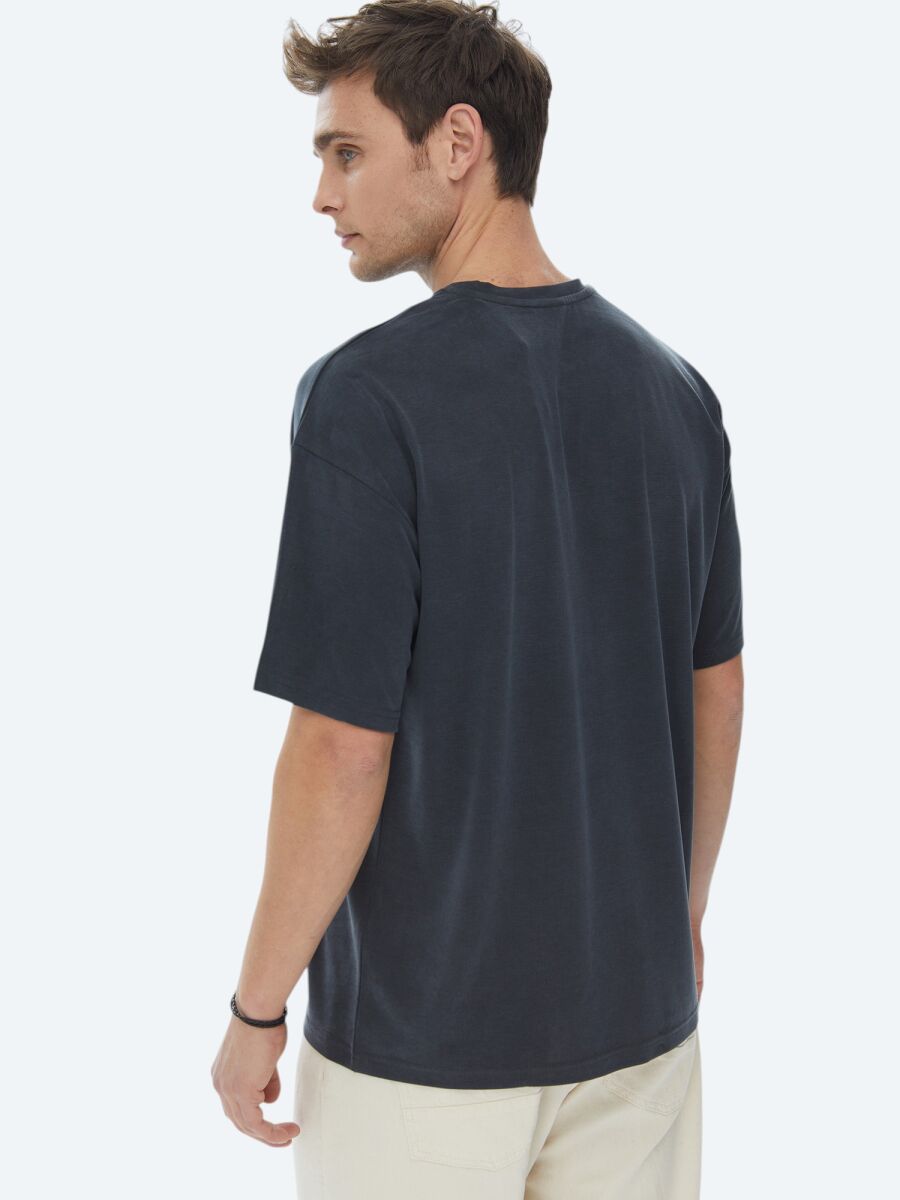 Antrasit Düz Bisiklet Yaka T-Shirt - 8