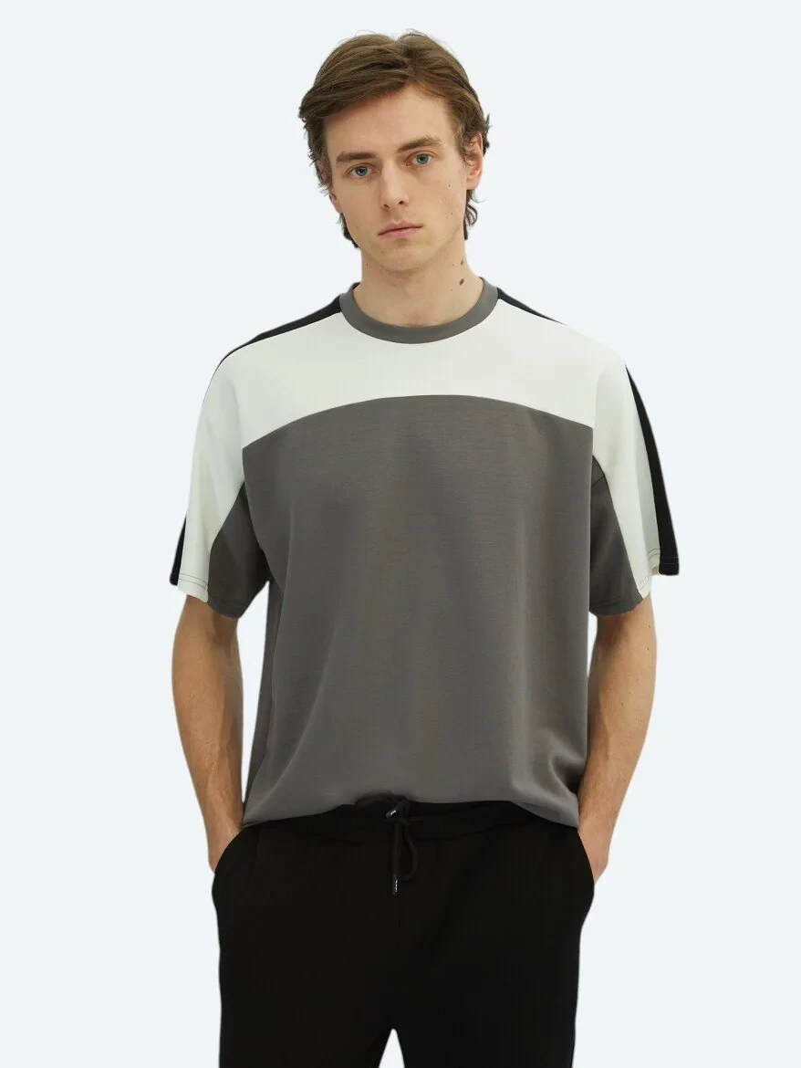 Antrasit Düz Bisiklet Yaka T-Shirt - 1