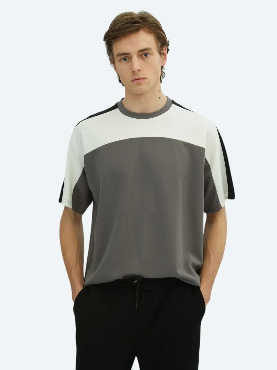 Antrasit Düz Bisiklet Yaka T-Shirt - 1