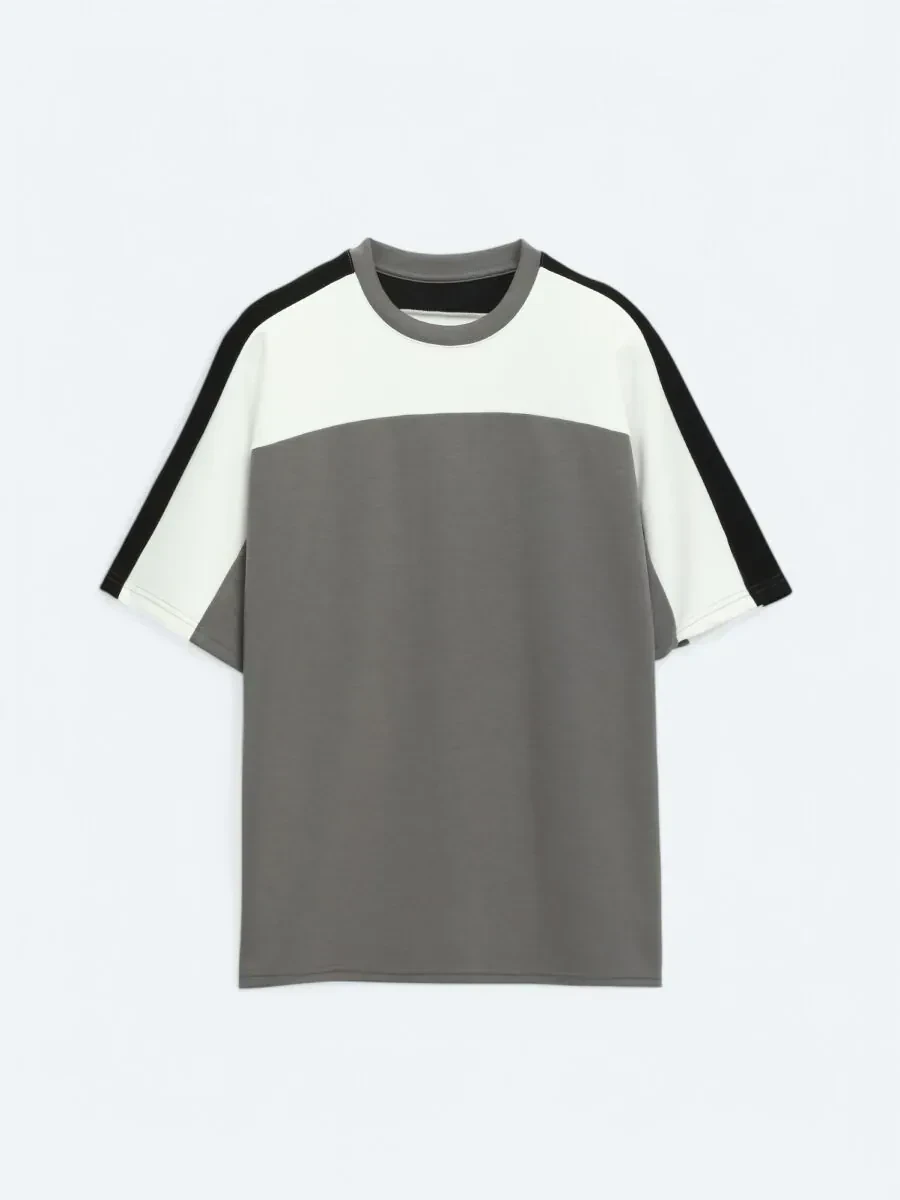 Antrasit Düz Bisiklet Yaka T-Shirt - 7