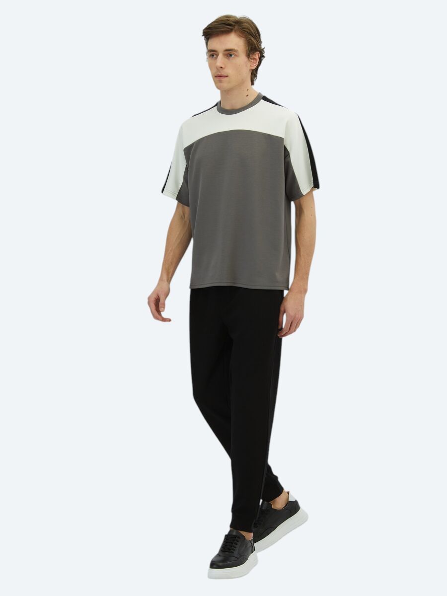 Antrasit Düz Bisiklet Yaka T-Shirt - 2