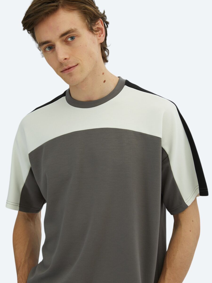 Antrasit Düz Bisiklet Yaka T-Shirt - 4