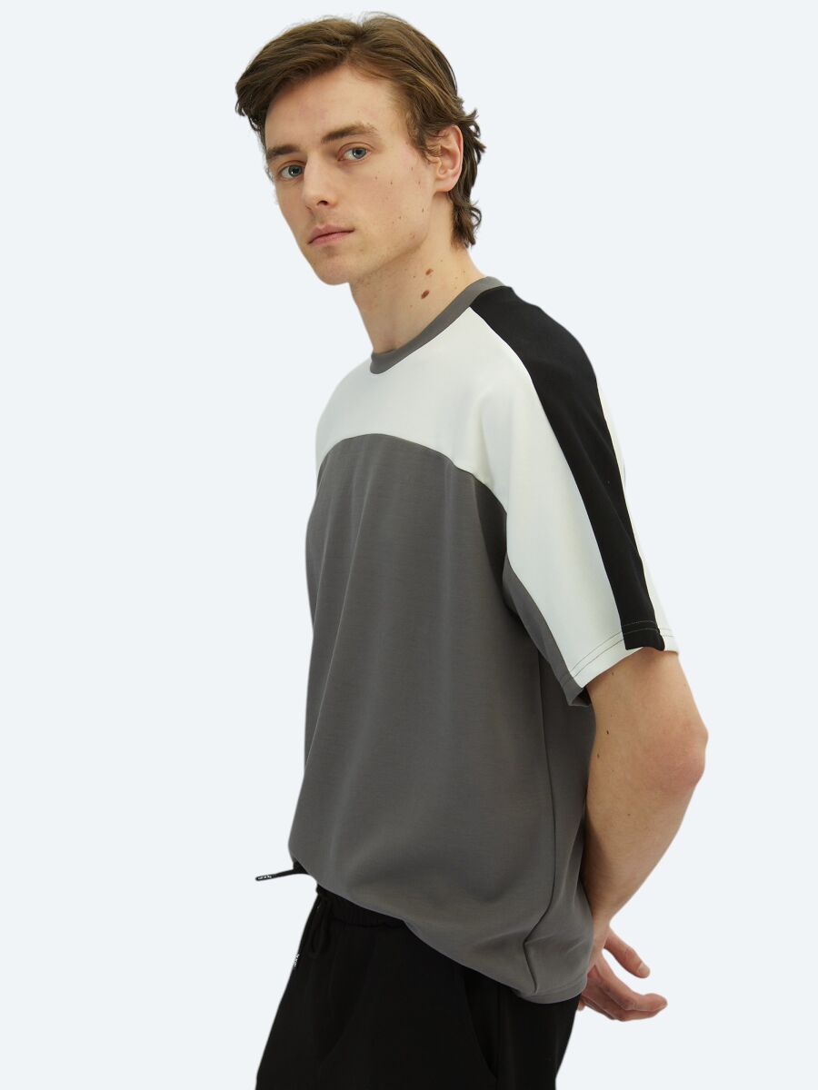 Antrasit Düz Bisiklet Yaka T-Shirt - 5