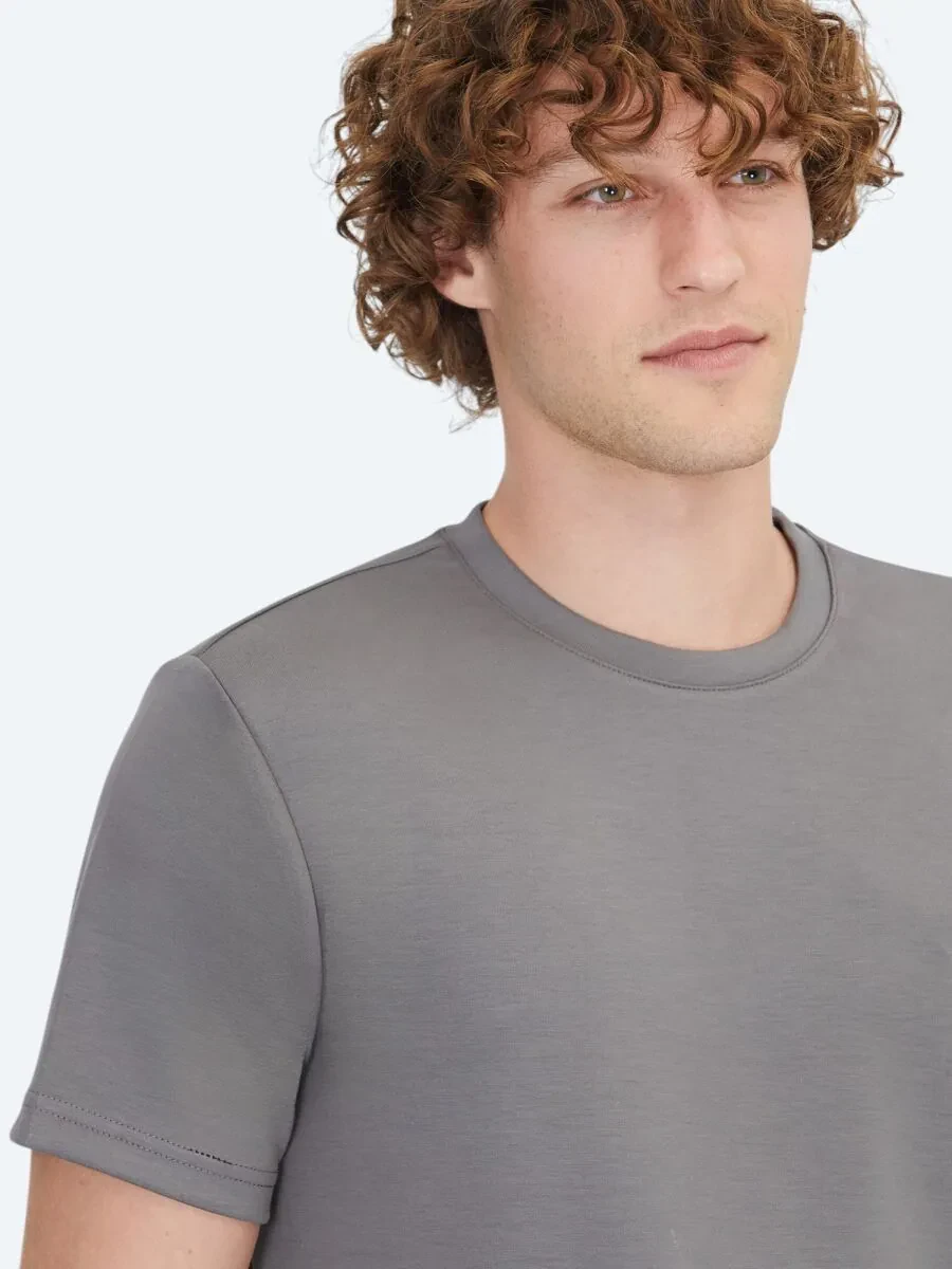 Antrasit Düz Bisiklet Yaka T-Shirt - 3