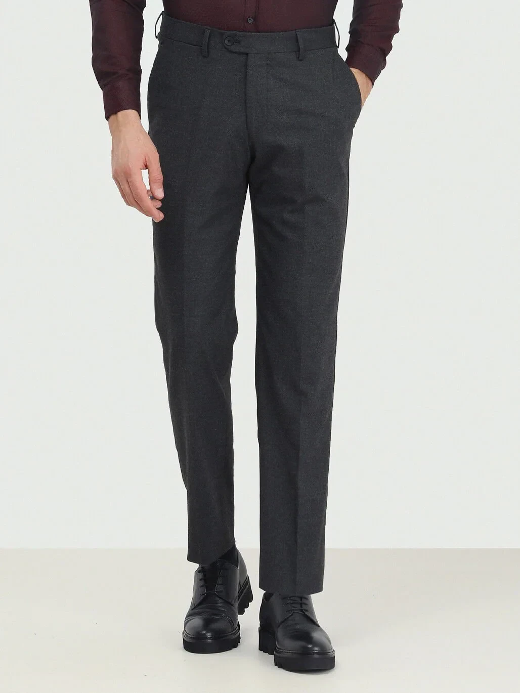 Antrasit Düz Dokuma Fitted Fit Klasik Pantolon - 1