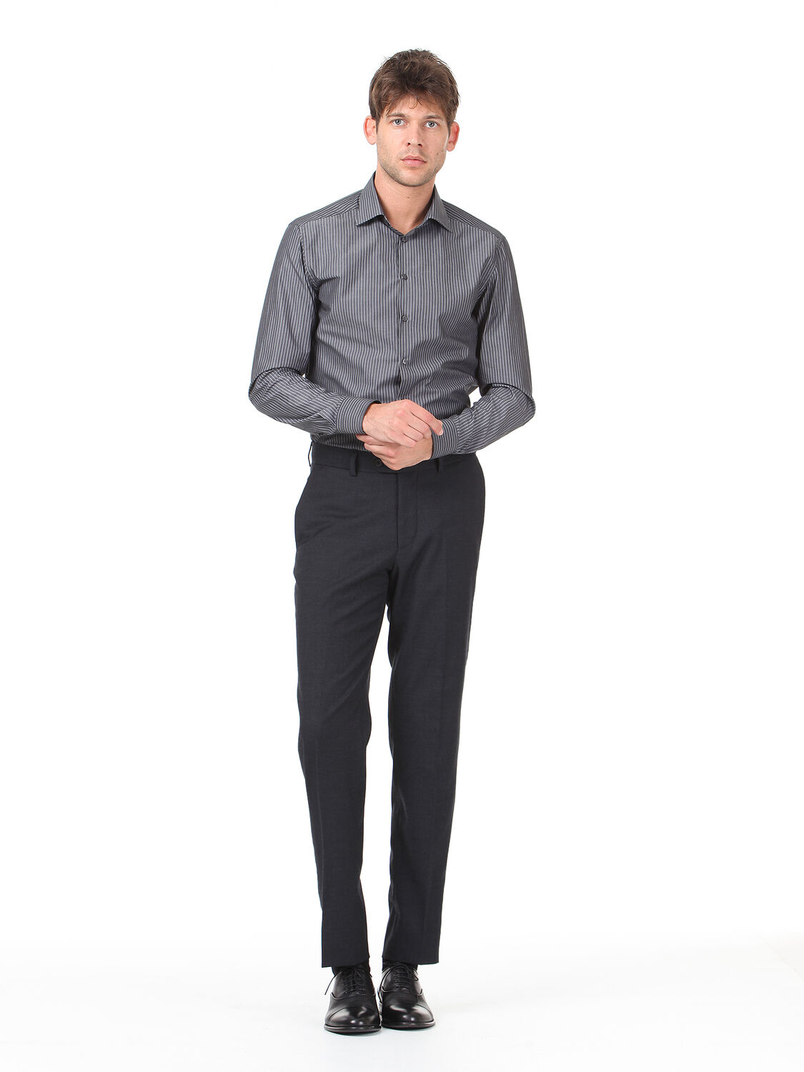 Antrasit Düz Dokuma Fitted Fit Klasik Yün Karışımlı Pantolon - 1