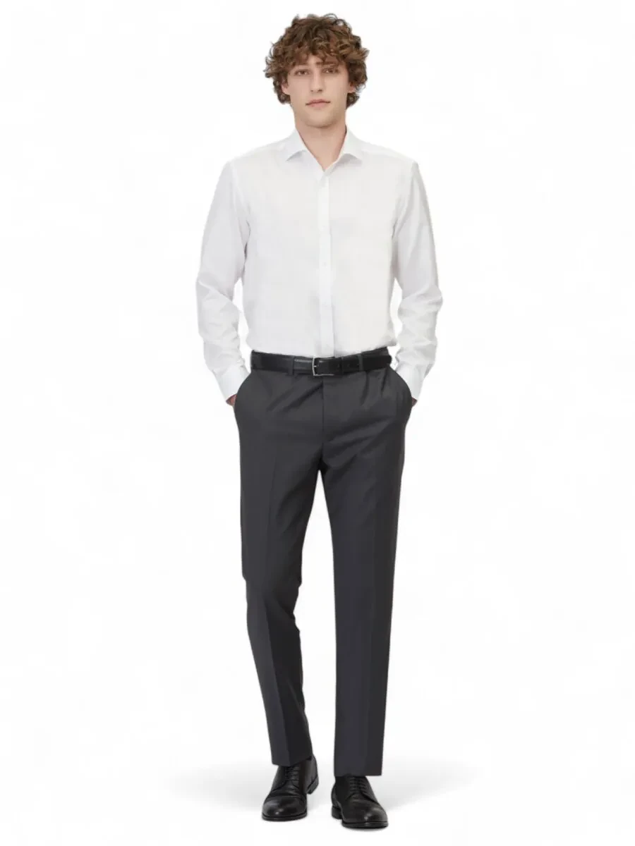 Antrasit Düz Dokuma Fitted Fit Klasik Yün Karışımlı Pantolon - 1