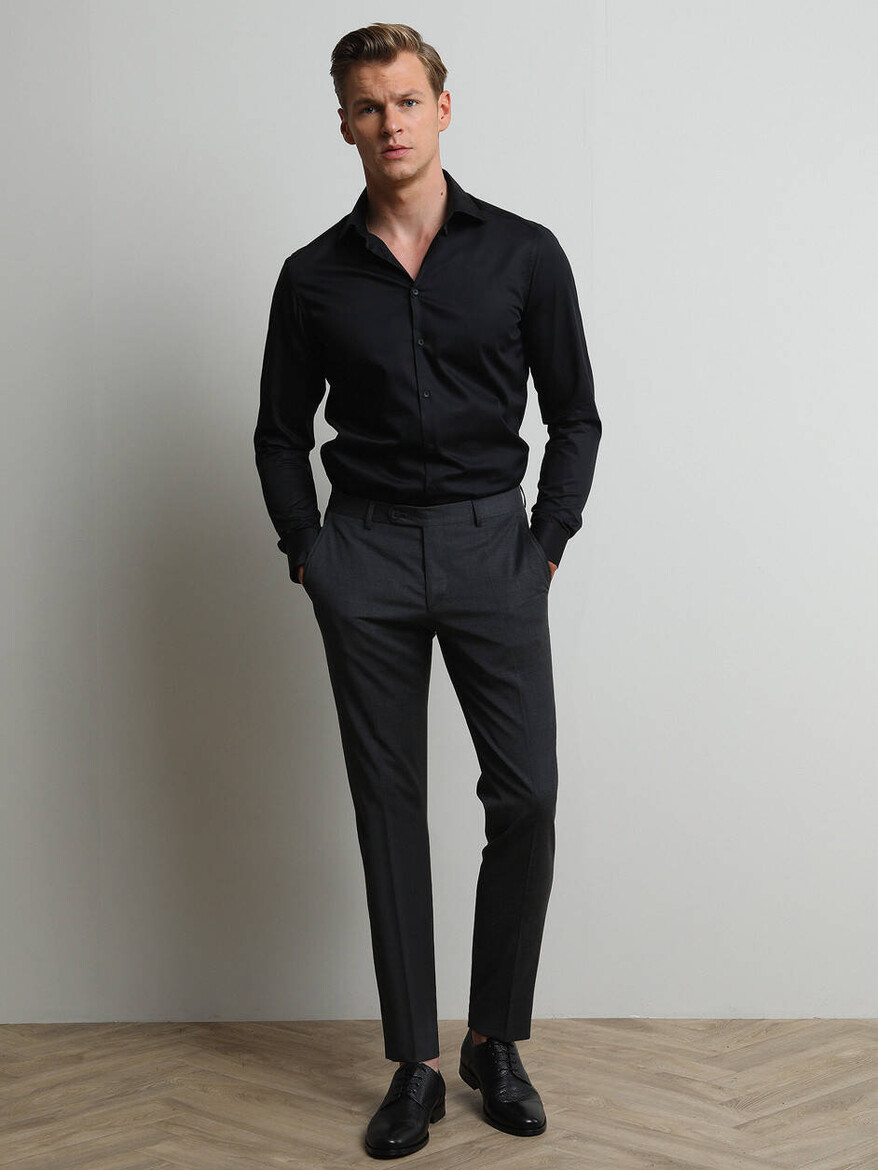 Antrasit Düz Dokuma Slim Fit Klasik Yün Karışımlı Pantolon - 4