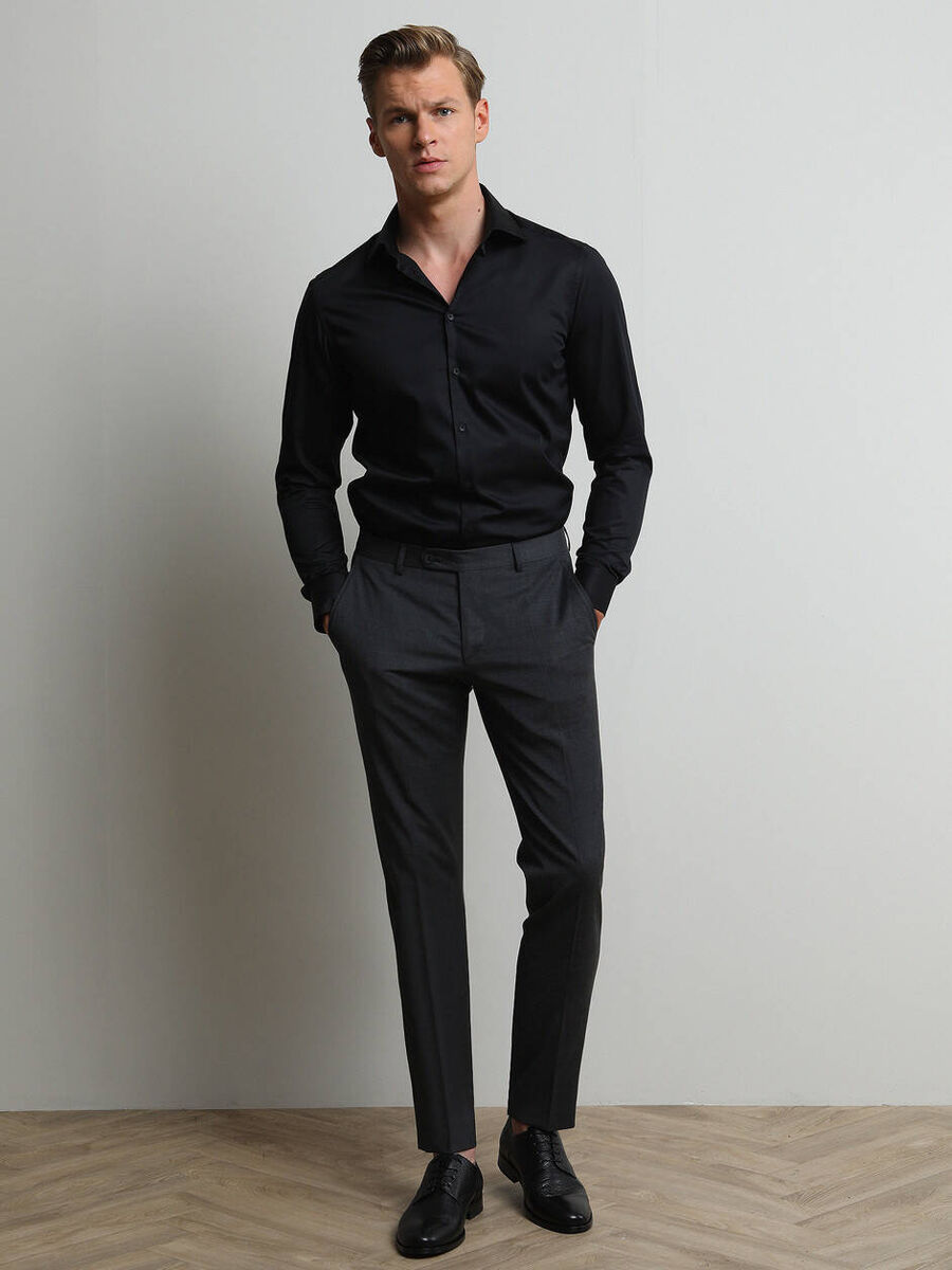 Antrasit Düz Dokuma Slim Fit Klasik Yün Karışımlı Pantolon - 4