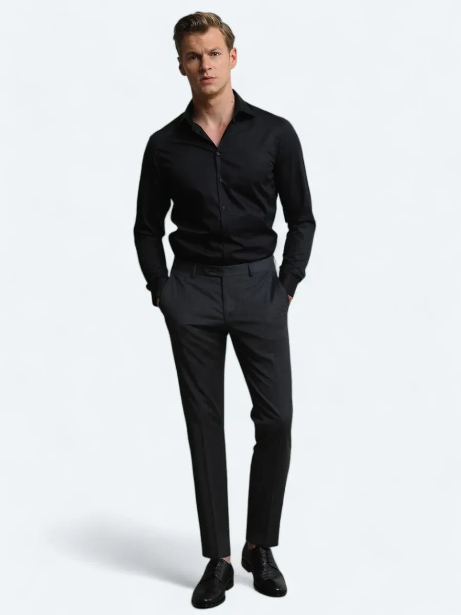 Antrasit Düz Dokuma Slim Fit Klasik Yün Karışımlı Pantolon - 1