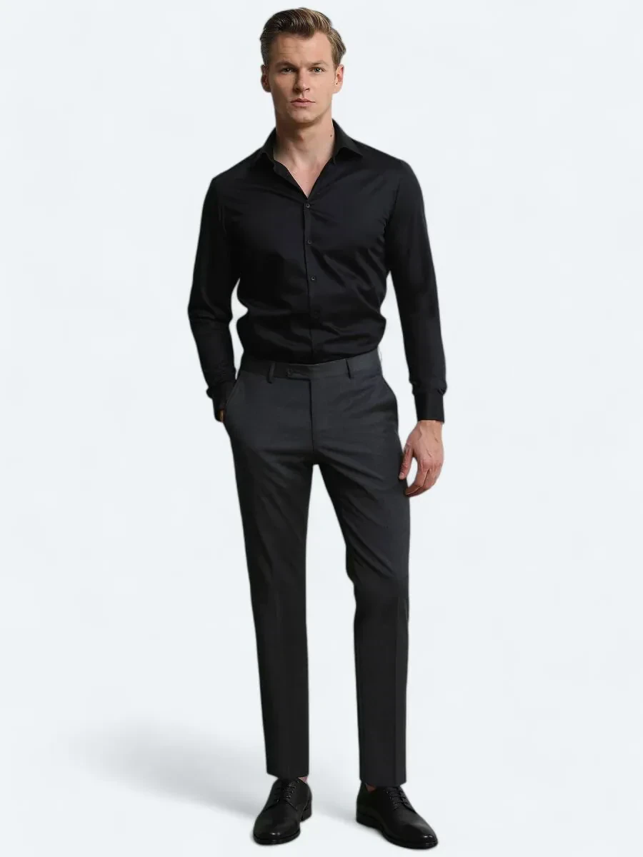 Antrasit Düz Dokuma Slim Fit Klasik Yün Karışımlı Pantolon - 2