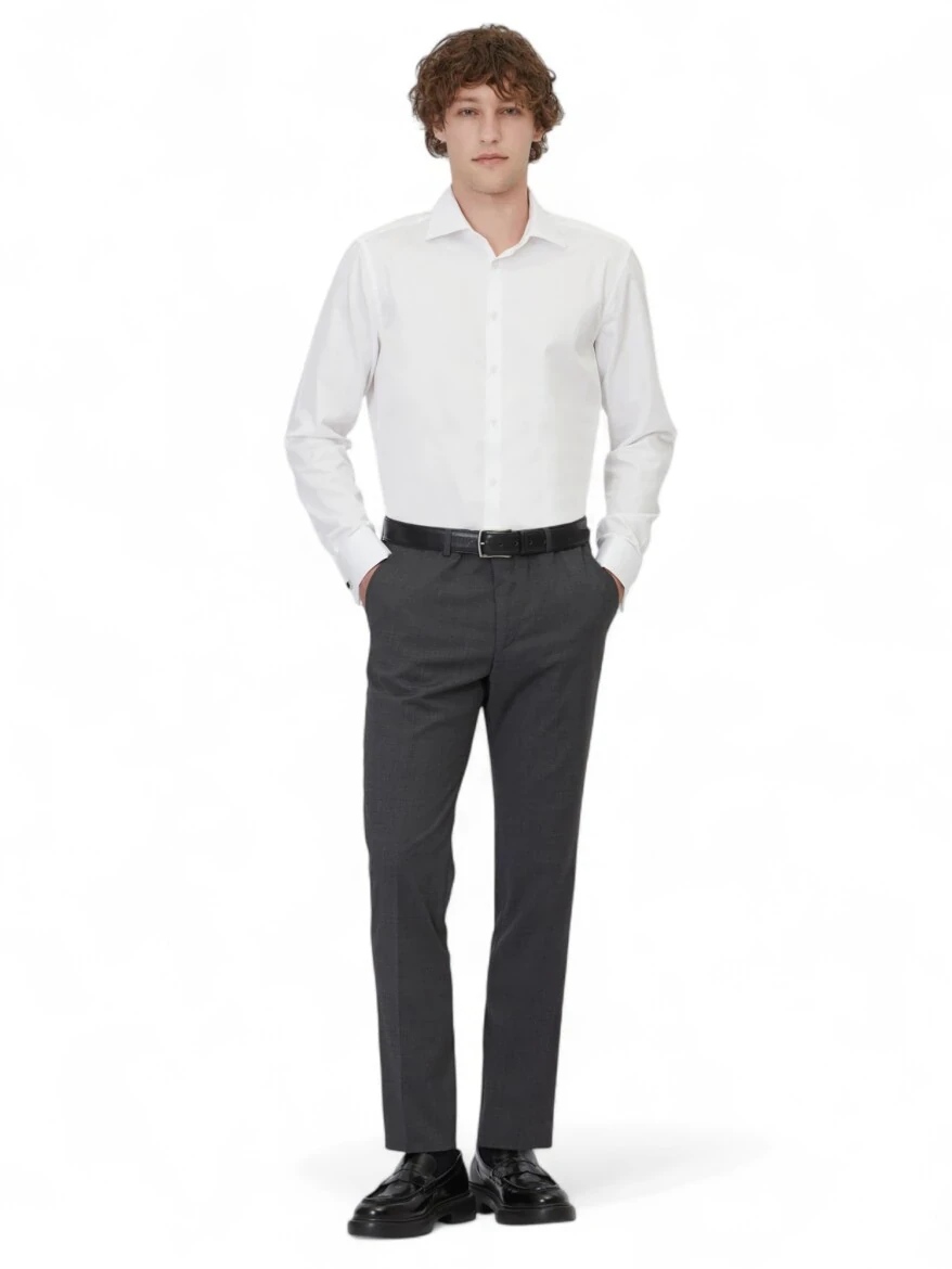 Antrasit Düz Dokuma Slim Fit Klasik Yün Karışımlı Pantolon - 1