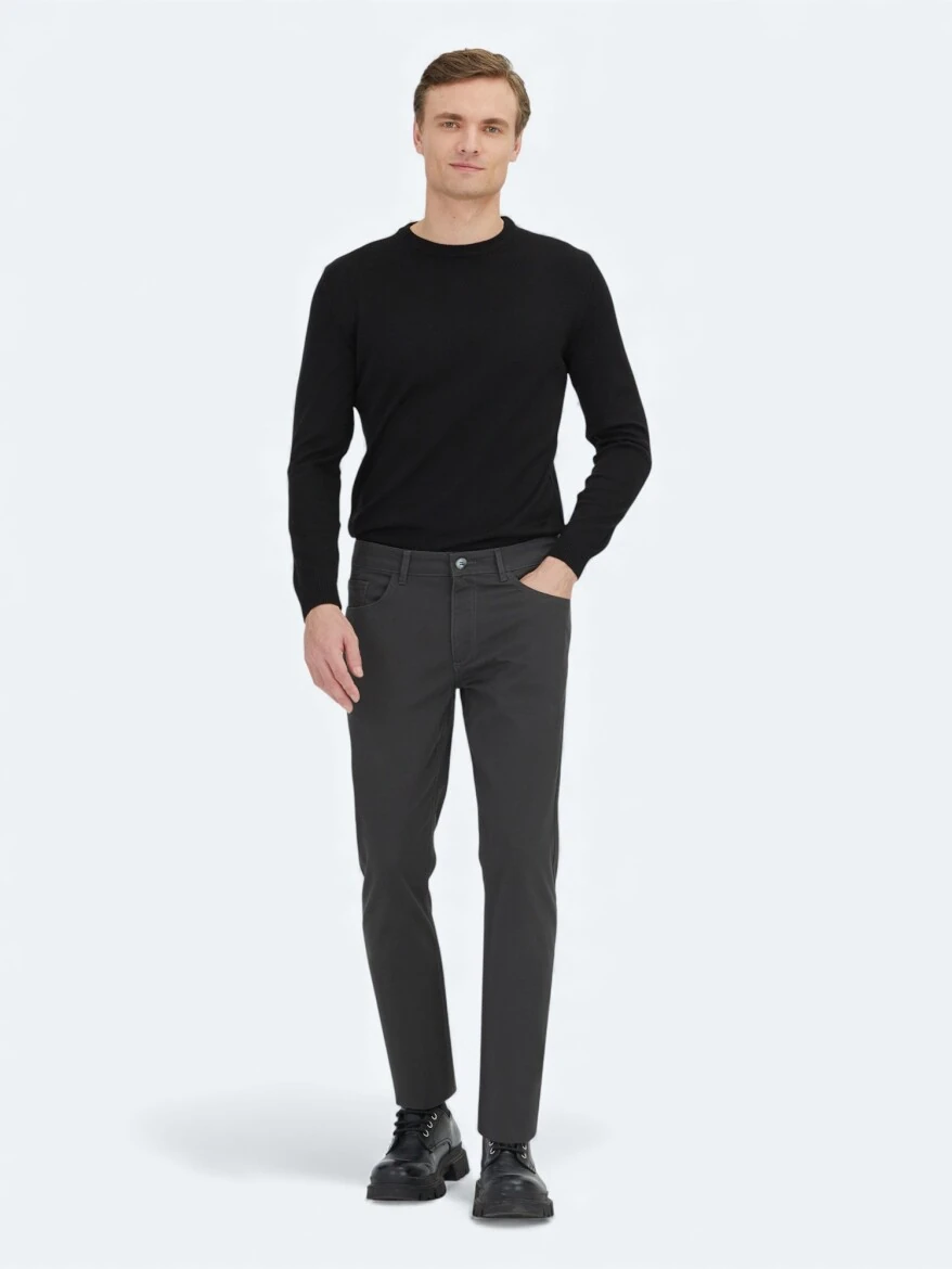 Antrasit Düz Dokuma Slim Fit Spor Pamuk Karışımlı Pantolon - KİP