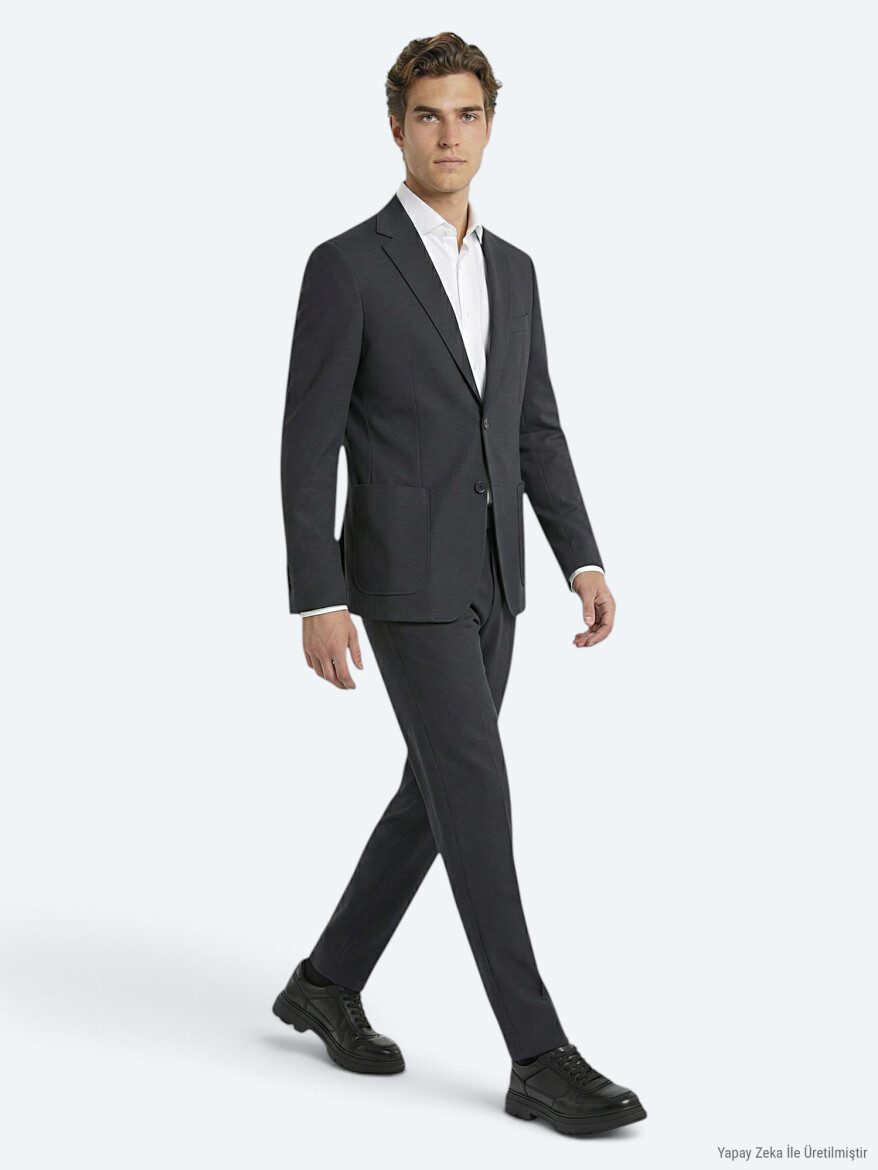 Antrasit Düz Modern Fit Örme Takım Elbise - 2