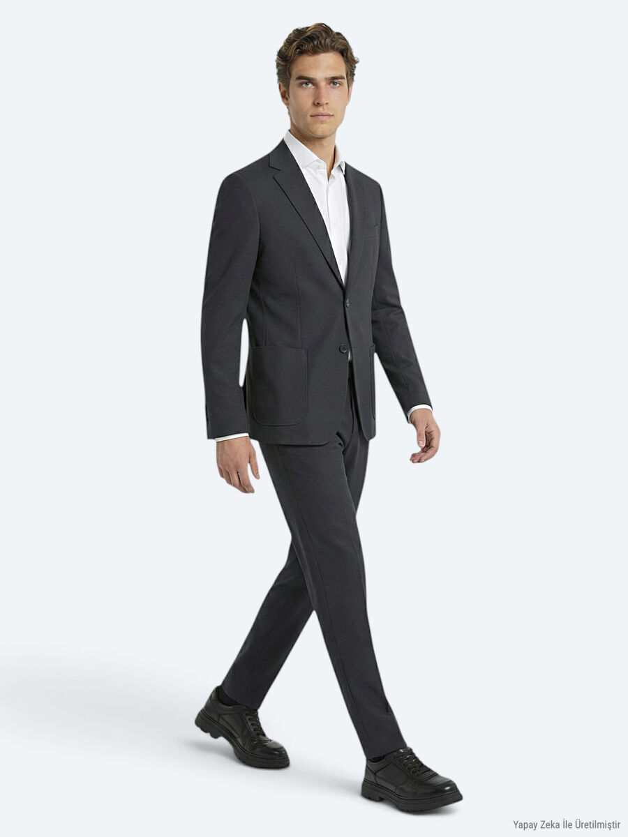 Antrasit Düz Modern Fit Örme Takım Elbise - 2