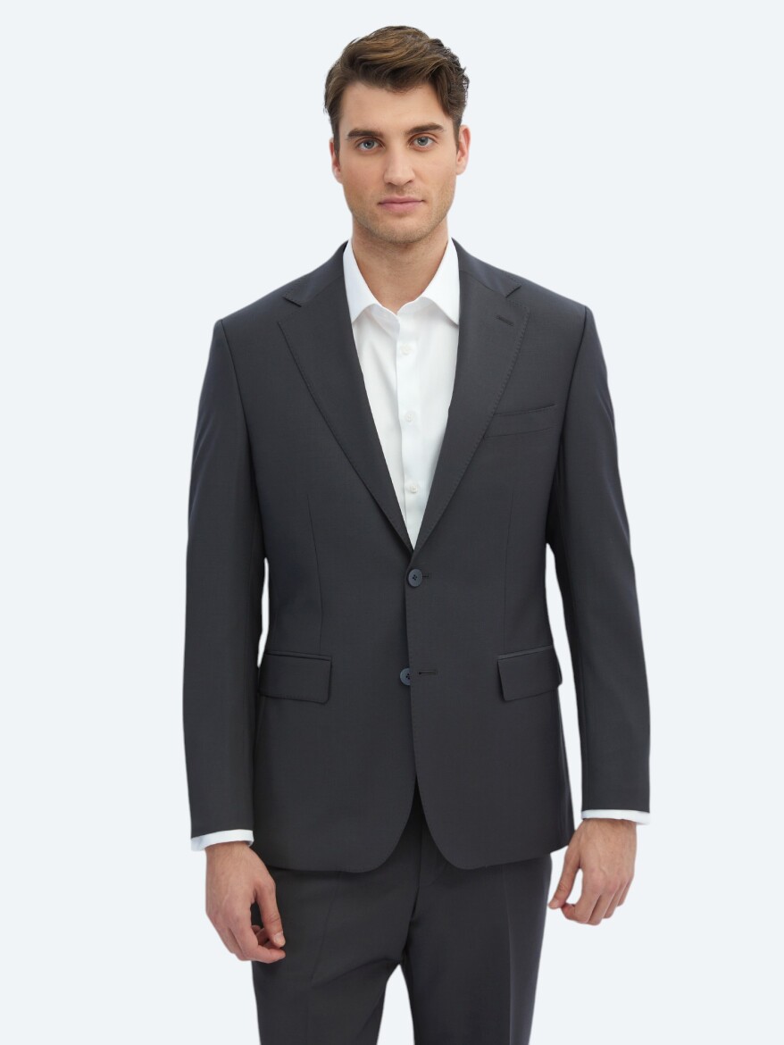 Antrasit Düz Modern Fit Yün Karışımlı Takım Elbise - 3
