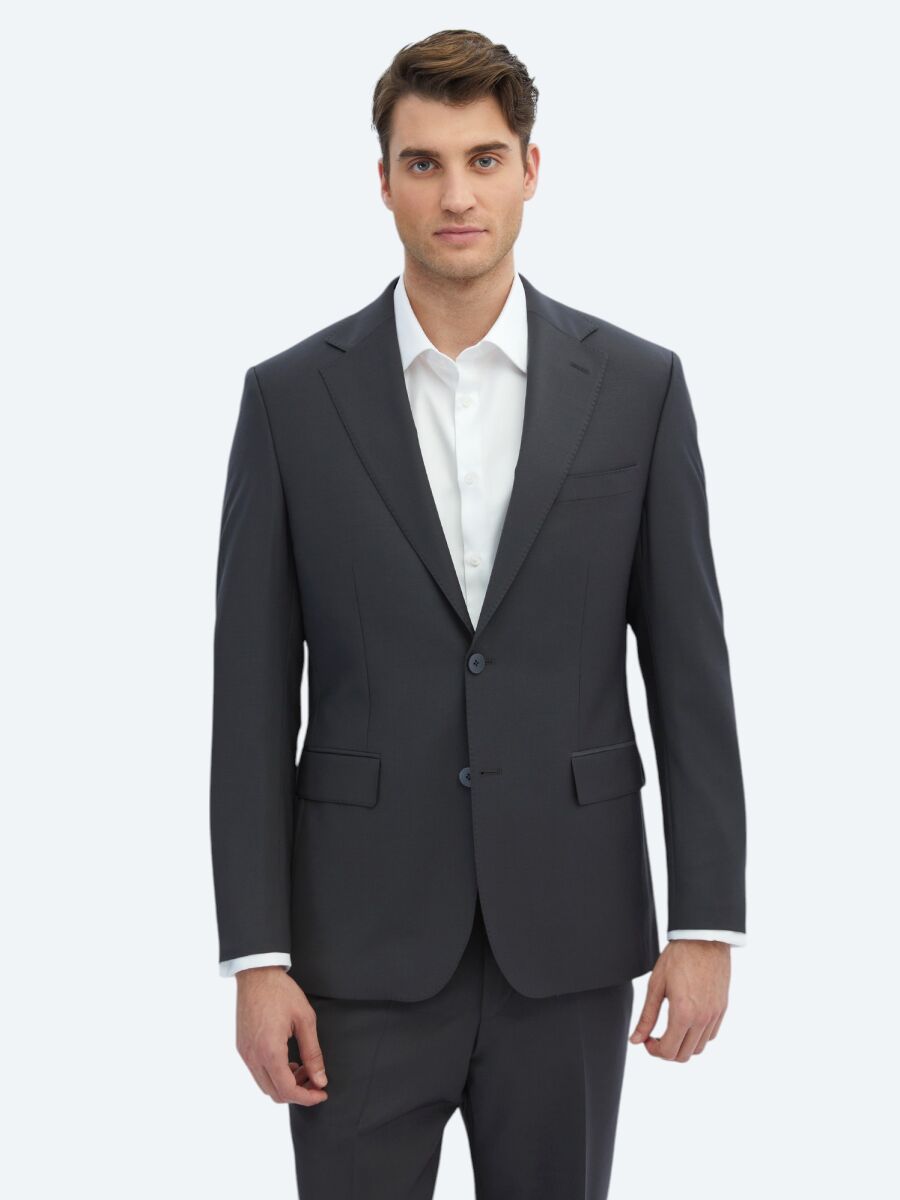 Antrasit Düz Modern Fit Yün Karışımlı Takım Elbise - 3