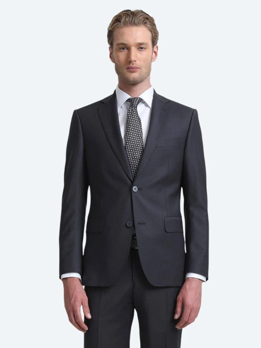 Antrasit Düz Modern Fit Yün Karışımlı Takım Elbise - 1