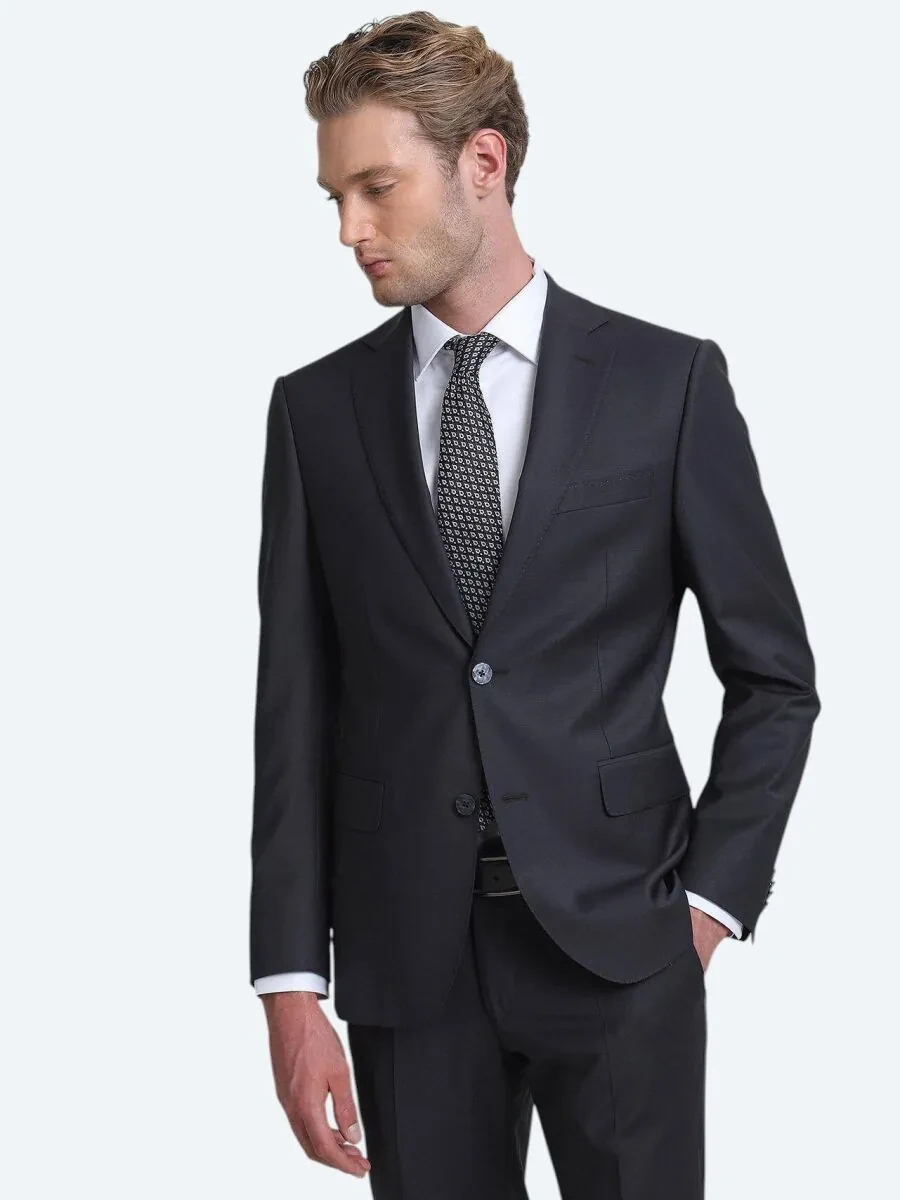 Antrasit Düz Modern Fit Yün Karışımlı Takım Elbise - 3