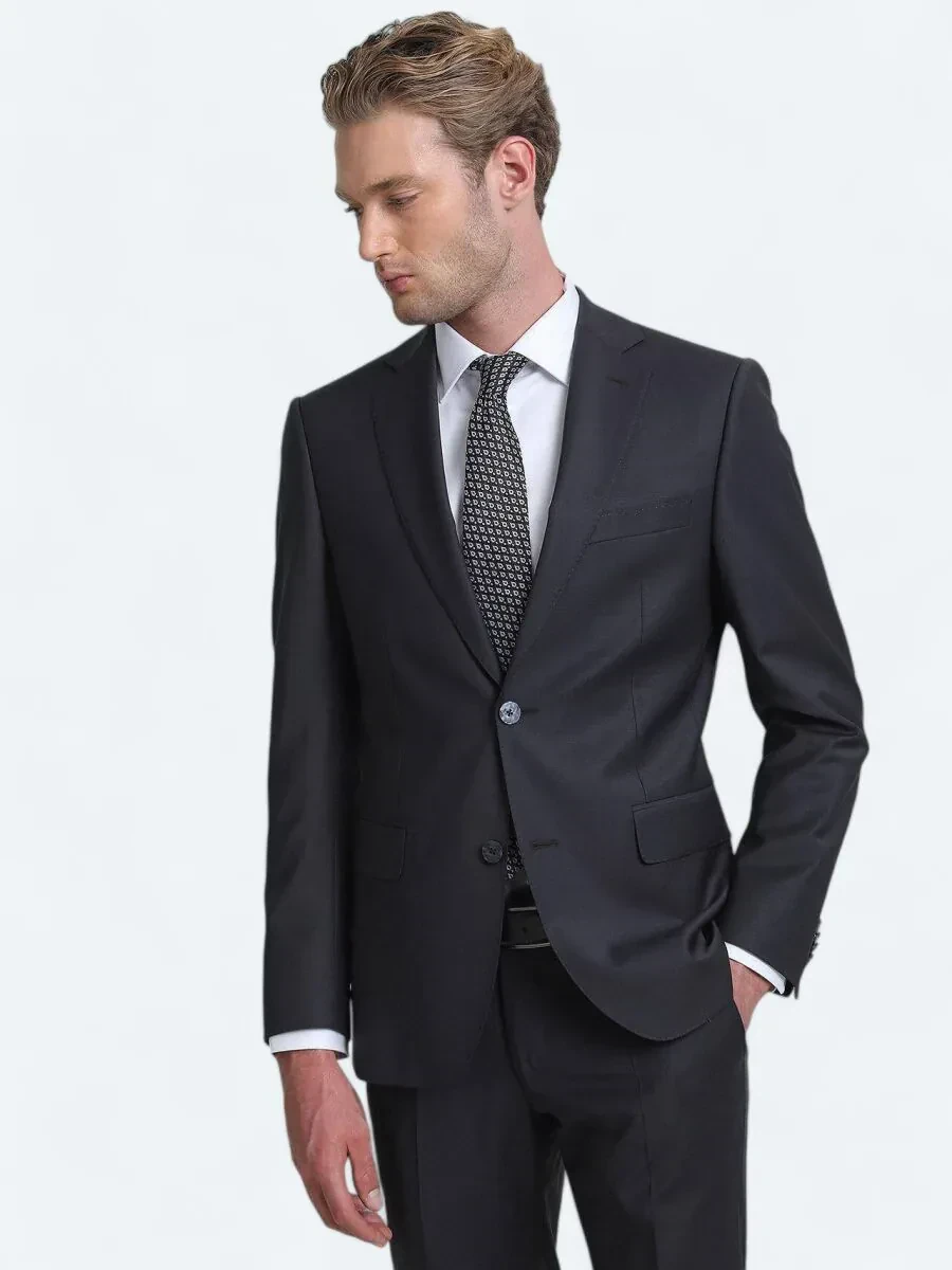 Antrasit Düz Modern Fit Yün Karışımlı Takım Elbise - 1