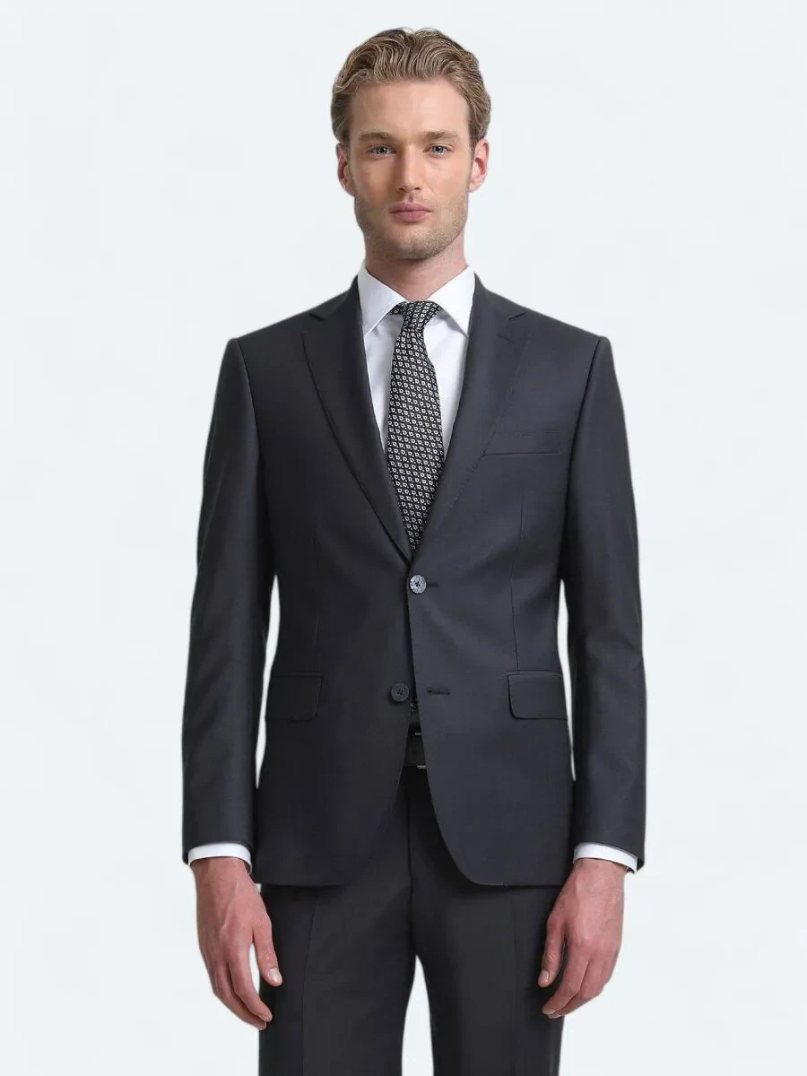 Antrasit Düz Modern Fit Yün Karışımlı Takım Elbise - 3