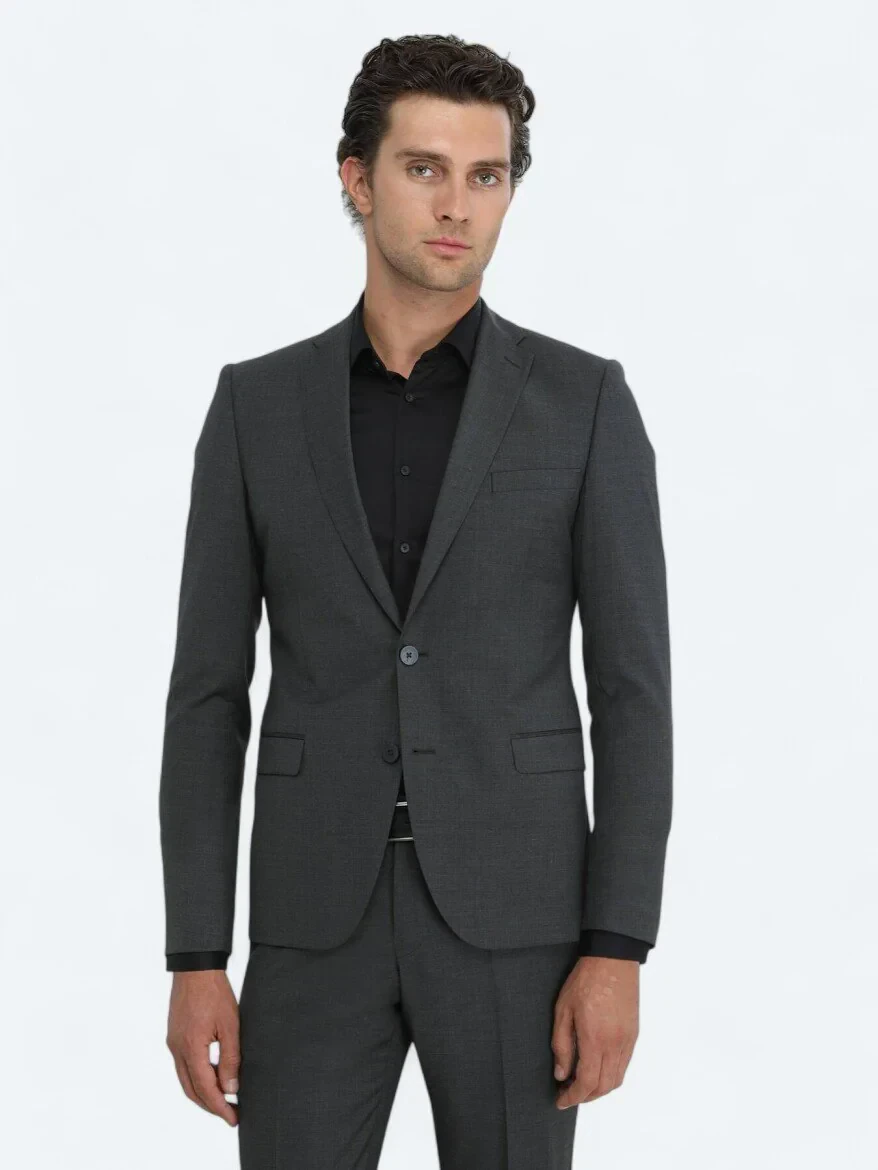 Antrasit Düz Modern Fit Yün Karışımlı Takım Elbise - 1